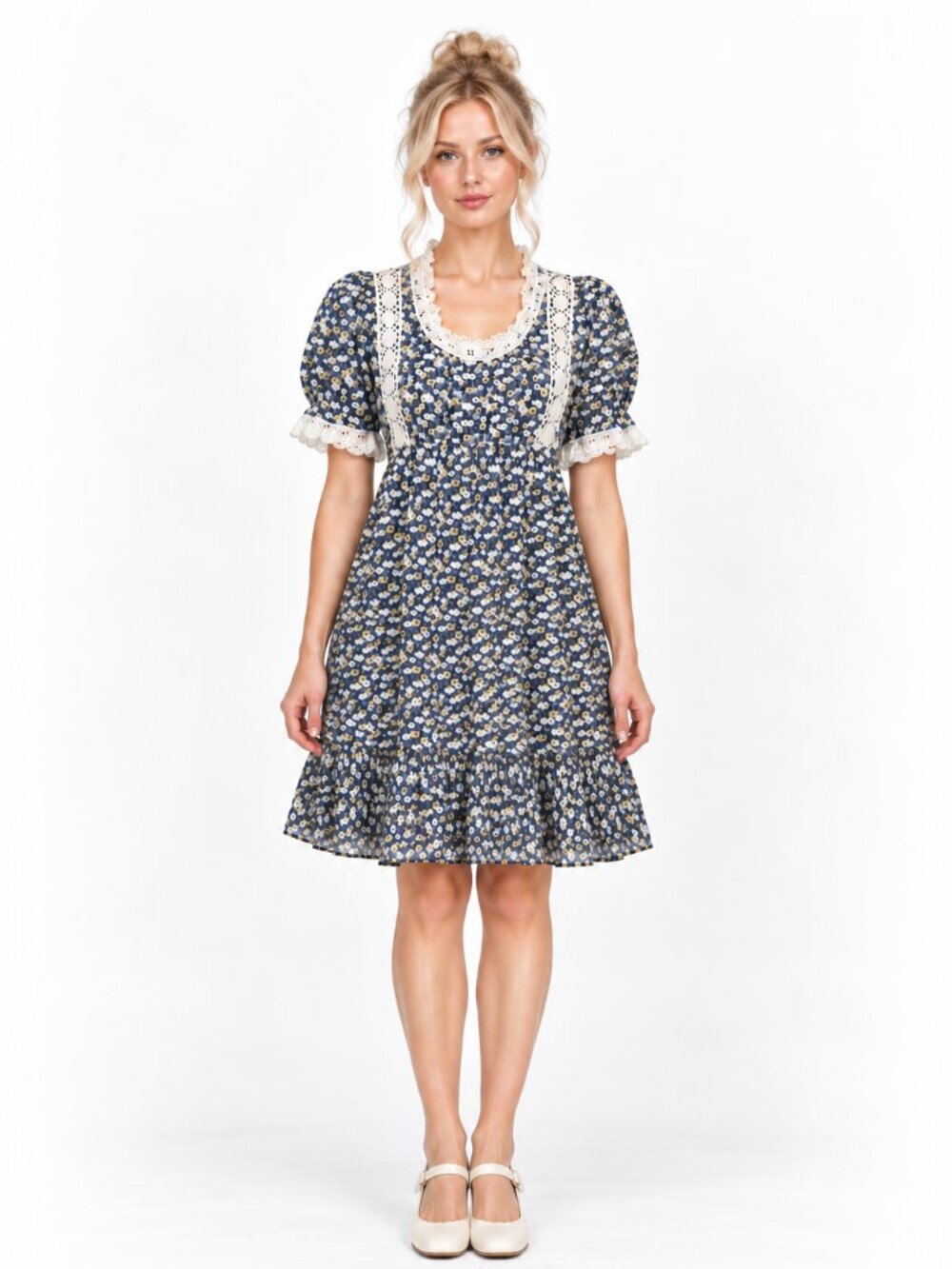 Vintage Blue Floral Lace Trim Cottagecore Baby Doll Midi Dress Size Small